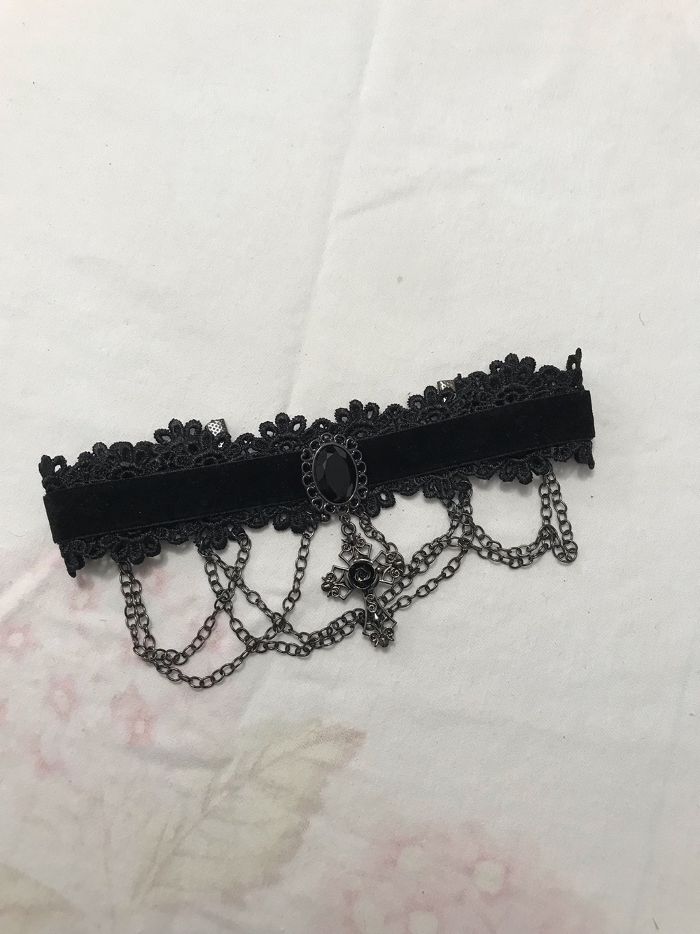 Black Lace Velvet Rose Cross Choker Necklace 15”